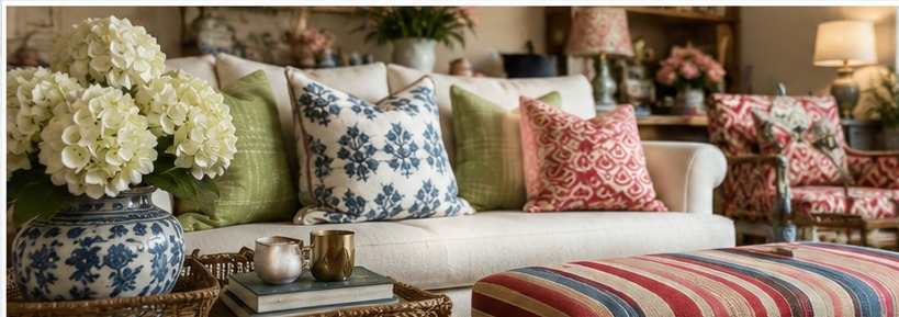 Layered living room with blue-and-white porcelain, patterned pillows and warm collected details